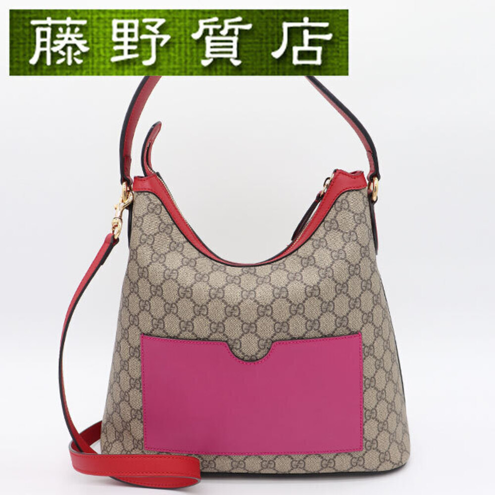 Gucci Hobo Shoulder Bag GG Supreme Leather Beige Red Purple
